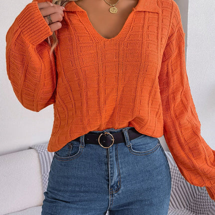 Women's Lapel Sweater Trendy Casual Comfortable Pullover Solid Color Knit Pullover Long Sleeve V-Neck Sweater