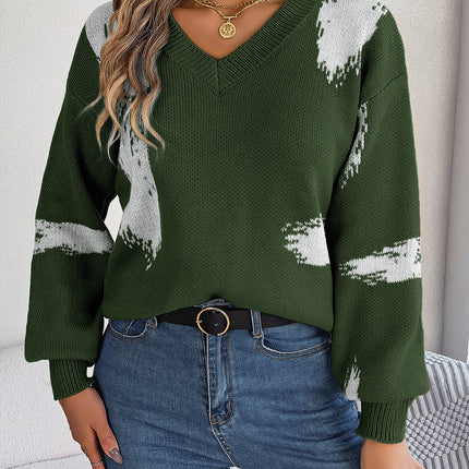 Clashing Striped Sweater Ladies Long Sleeve Cardigan Pullover Sweater Autumn Casual Lantern Sleeve Knitted Pullover Sweater Top