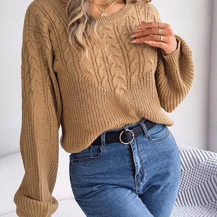 Women's Fall Sweater Casual Knit Pullover Long Lantern Sleeve Round Neck Loose Pullover Winter Twist Splicing Sweater