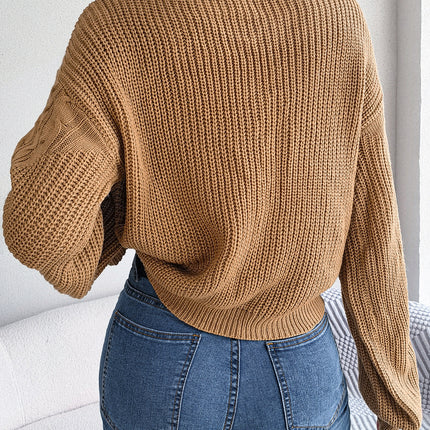 Women's Fall Sweater Casual Knit Pullover Long Lantern Sleeve Round Neck Loose Pullover Winter Twist Splicing Sweater