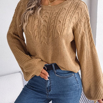 Women's Fall Sweater Casual Knit Pullover Long Lantern Sleeve Round Neck Loose Pullover Winter Twist Splicing Sweater