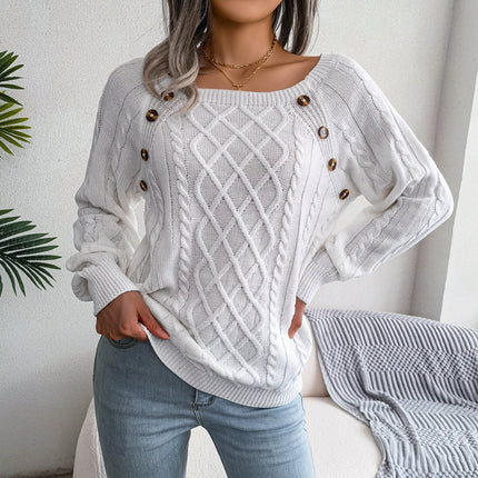 Women's Square Neck Button Cable Knit Long Sleeve Casual Loose Pullover Sweater Top Casual Sweater