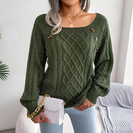 Women's Square Neck Button Cable Knit Long Sleeve Casual Loose Pullover Sweater Top Casual Sweater