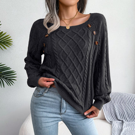 Women's Square Neck Button Cable Knit Long Sleeve Casual Loose Pullover Sweater Top Casual Sweater