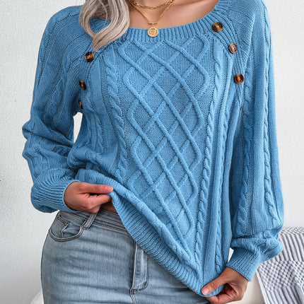 Women's Square Neck Button Cable Knit Long Sleeve Casual Loose Pullover Sweater Top Casual Sweater