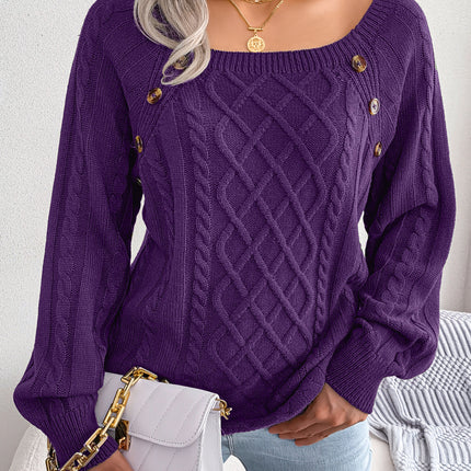 Women's Square Neck Button Cable Knit Long Sleeve Casual Loose Pullover Sweater Top Casual Sweater