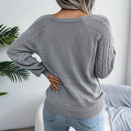 Women's Square Neck Button Cable Knit Long Sleeve Casual Loose Pullover Sweater Top Casual Sweater