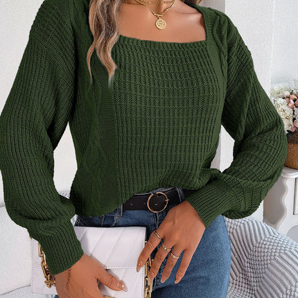 Women Causal Solid Color Sweater Square Neck Twists Lantern Sleeve Knitting Pullover Sweater