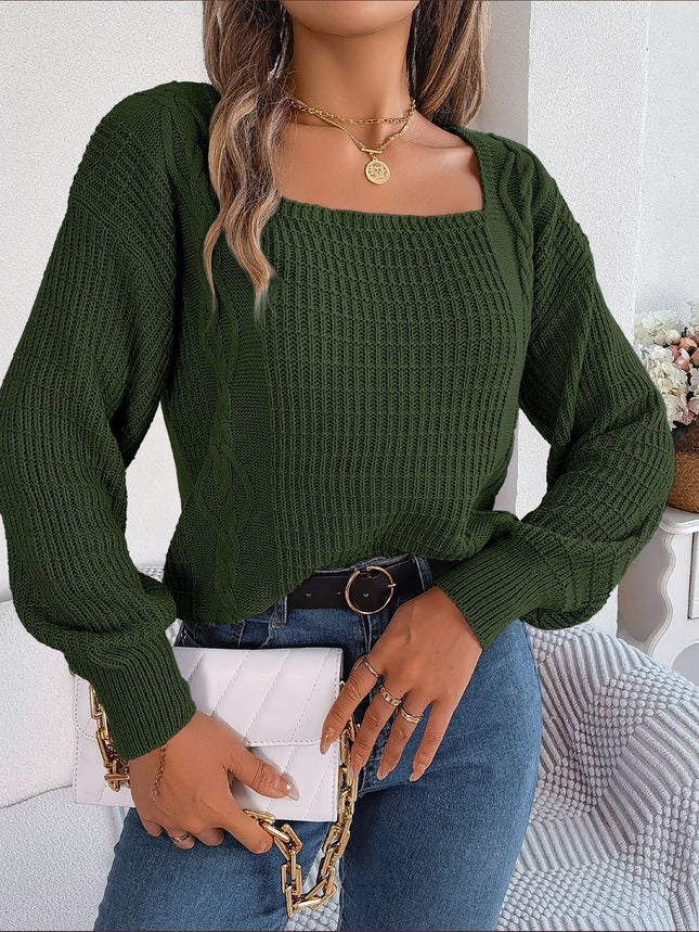 Women Causal Solid Color Sweater Square Neck Twists Lantern Sleeve Knitting Pullover Sweater