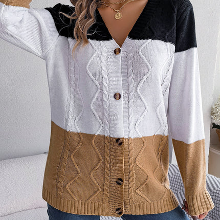 Autumn Women's long-sleeved knitted sweater colorblocked sweater cardigan cardigan buttons loose coat V-neck coat