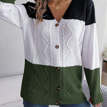 Autumn Women's long-sleeved knitted sweater colorblocked sweater cardigan cardigan buttons loose coat V-neck coat