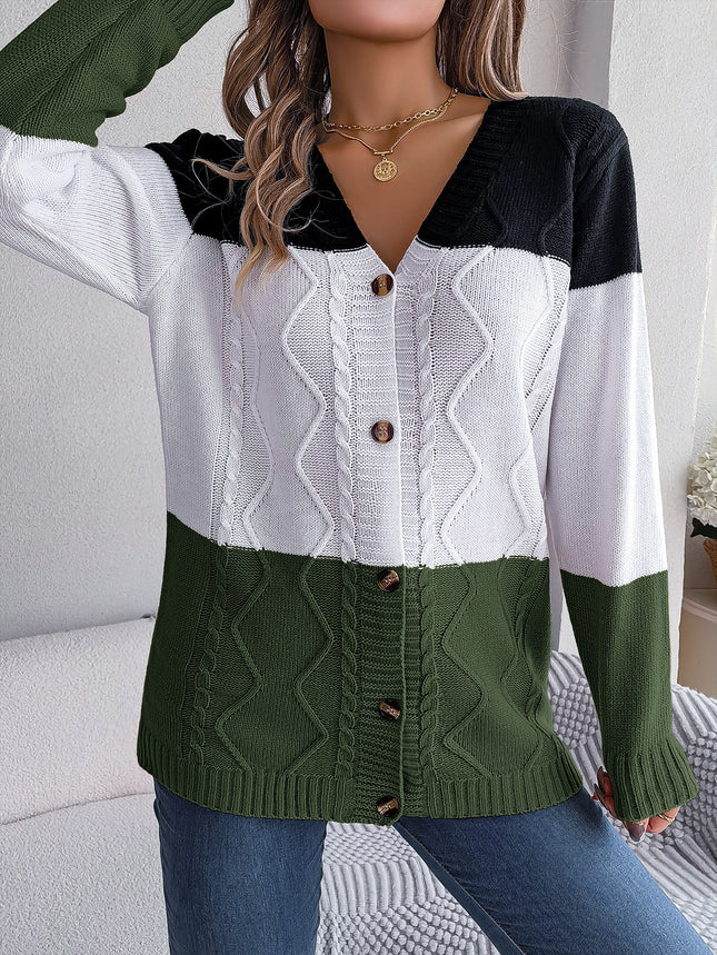 Autumn Women's long-sleeved knitted sweater colorblocked sweater cardigan cardigan buttons loose coat V-neck coat