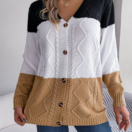 Autumn Women's long-sleeved knitted sweater colorblocked sweater cardigan cardigan buttons loose coat V-neck coat