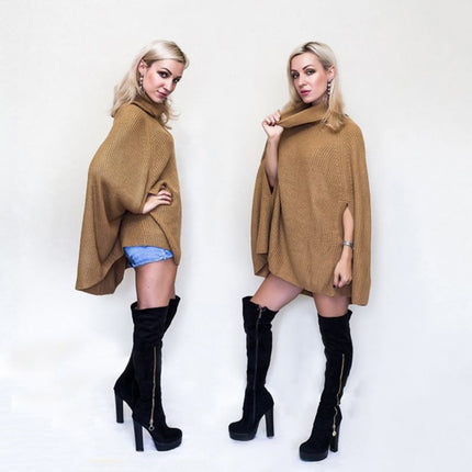 Womens Turtleneck Poncho Sweater Cape Wrap Knit Batwing Sleeve Tunic Pullover Tops Fall Winter Chunky Solid Jumper