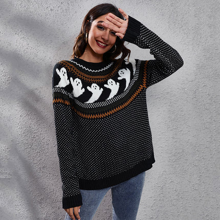 Women's Knit Sweater Halloween Ghost Ghost Vintage Polka Dot Long Sleeve Knit Women's Loose Autumn and Winter