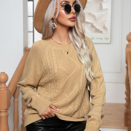 Women's sweater fall and winter shoulder insertion sleeve long sleeve twist pattern round neck pullover sweater casual loose version of the tops