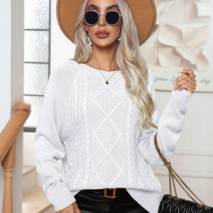 Women's sweater fall and winter shoulder insertion sleeve long sleeve twist pattern round neck pullover sweater casual loose version of the tops