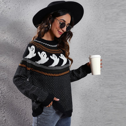 Women's Knit Sweater Halloween Ghost Ghost Vintage Polka Dot Long Sleeve Knit Women's Loose Autumn and Winter