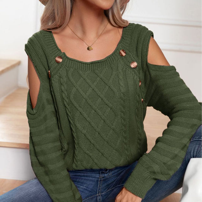 Autumn Women's Knit Sweater Fashion Square Neck Button Strapless Knit Long Sleeve Pullover Sweater