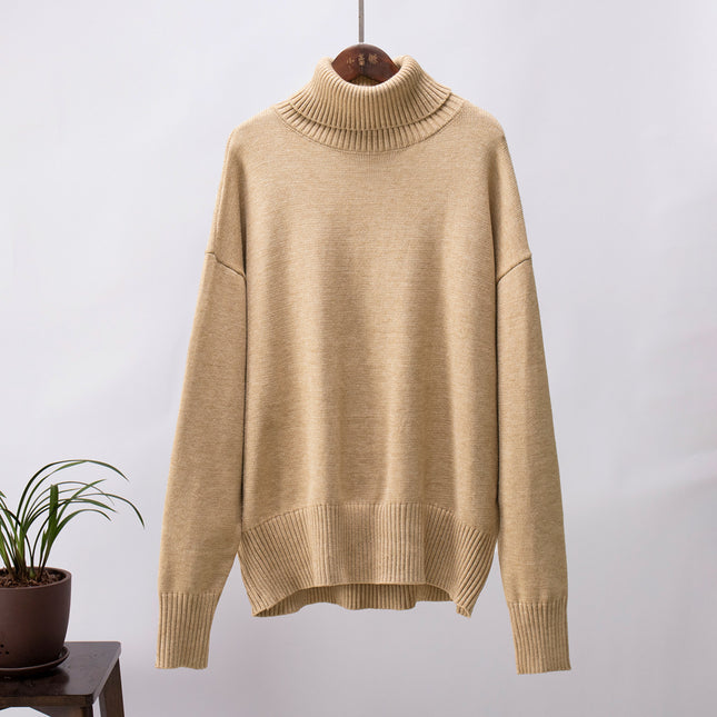 Women High Neck Sweater, Casual Loose Fit Pullover Sweater Top Long Sleeve Pure Color for Fall for Female