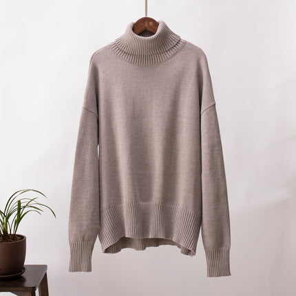 Women High Neck Sweater, Casual Loose Fit Pullover Sweater Top Long Sleeve Pure Color for Fall for Female