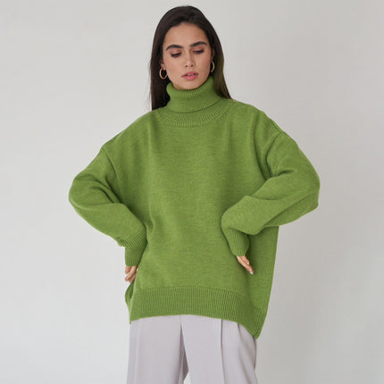 Women High Neck Sweater, Casual Loose Fit Pullover Sweater Top Long Sleeve Pure Color for Fall for Female