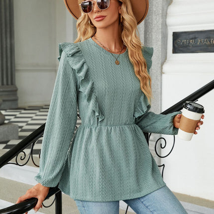 Women's solid color autumn and winter fashion casual shirt long-sleeved round neck solid color ruffled splicing women's shirt