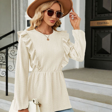 Women's solid color autumn and winter fashion casual shirt long-sleeved round neck solid color ruffled splicing women's shirt