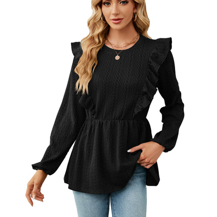 Women's solid color autumn and winter fashion casual shirt long-sleeved round neck solid color ruffled splicing women's shirt