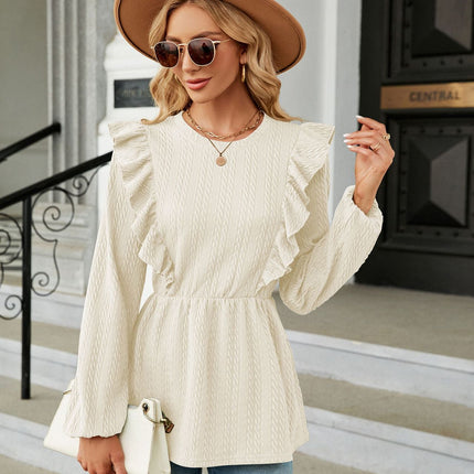 Women's solid color autumn and winter fashion casual shirt long-sleeved round neck solid color ruffled splicing women's shirt