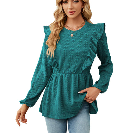 Women's solid color autumn and winter fashion casual shirt long-sleeved round neck solid color ruffled splicing women's shirt