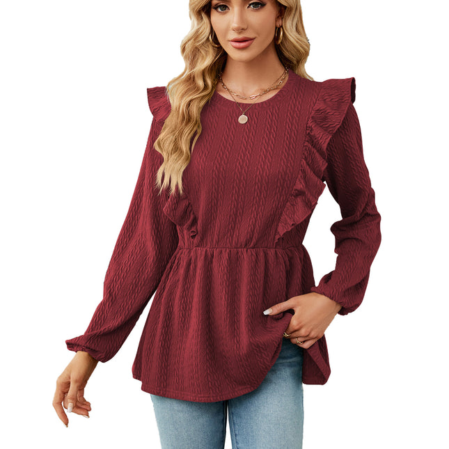 Women's solid color autumn and winter fashion casual shirt long-sleeved round neck solid color ruffled splicing women's shirt