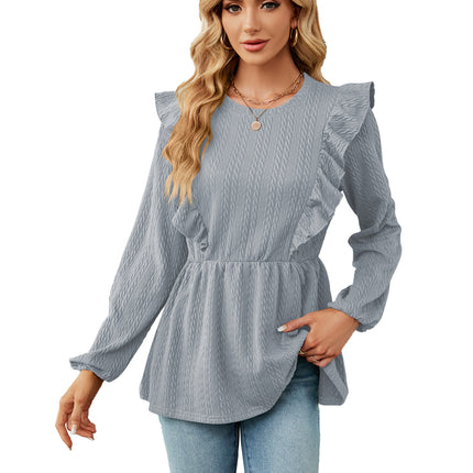 Women's solid color autumn and winter fashion casual shirt long-sleeved round neck solid color ruffled splicing women's shirt