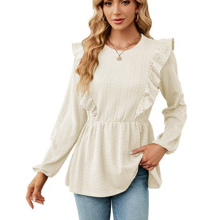 Women's solid color autumn and winter fashion casual shirt long-sleeved round neck solid color ruffled splicing women's shirt