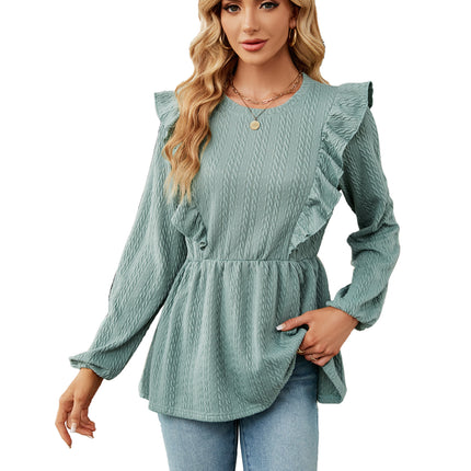 Women's solid color autumn and winter fashion casual shirt long-sleeved round neck solid color ruffled splicing women's shirt