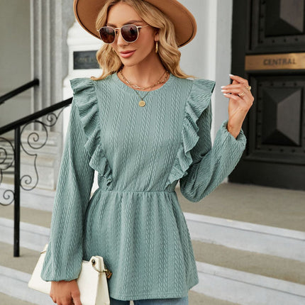 Women's solid color autumn and winter fashion casual shirt long-sleeved round neck solid color ruffled splicing women's shirt