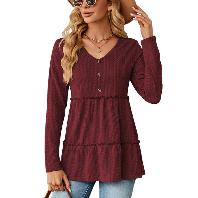 Women's Autumn Ruffle Tops Fashion Solid Color Patchwork T Shirt Long Sleeve V Neck Basic Pullover T Shirt