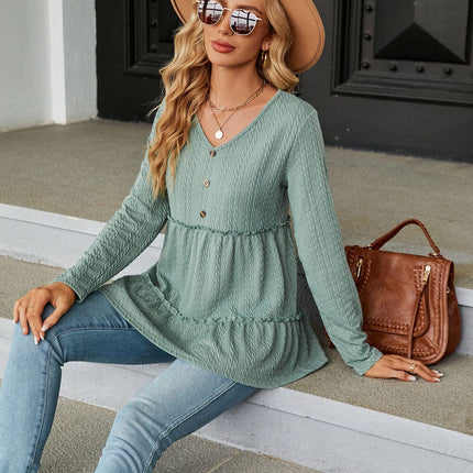 Women's Autumn Ruffle Tops Fashion Solid Color Patchwork T Shirt Long Sleeve V Neck Basic Pullover T Shirt