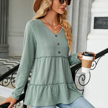 Women's Autumn Ruffle Tops Fashion Solid Color Patchwork T Shirt Long Sleeve V Neck Basic Pullover T Shirt