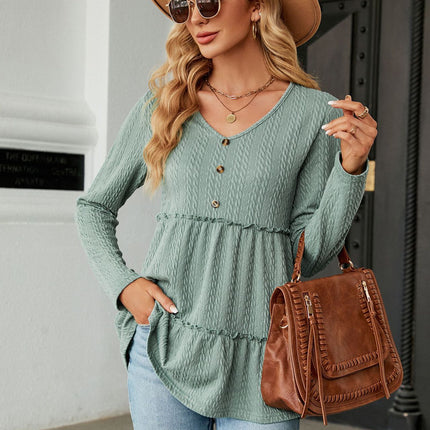 Women's Autumn Ruffle Tops Fashion Solid Color Patchwork T Shirt Long Sleeve V Neck Basic Pullover T Shirt