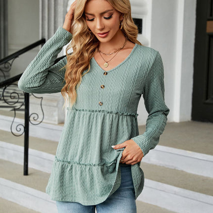 Women's Autumn Ruffle Tops Fashion Solid Color Patchwork T Shirt Long Sleeve V Neck Basic Pullover T Shirt