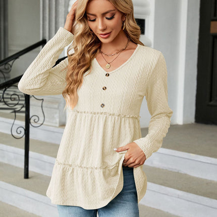 Women's Autumn Ruffle Tops Fashion Solid Color Patchwork T Shirt Long Sleeve V Neck Basic Pullover T Shirt