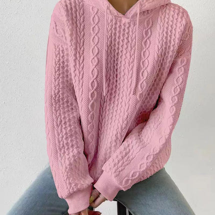 Women's Pullover Sweater Women's Textured Long Sleeve Drop Shoulder Drawstring Pullover Plain Women's Jersey