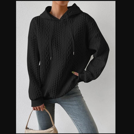 Women's Pullover Sweater Women's Textured Long Sleeve Drop Shoulder Drawstring Pullover Plain Women's Jersey