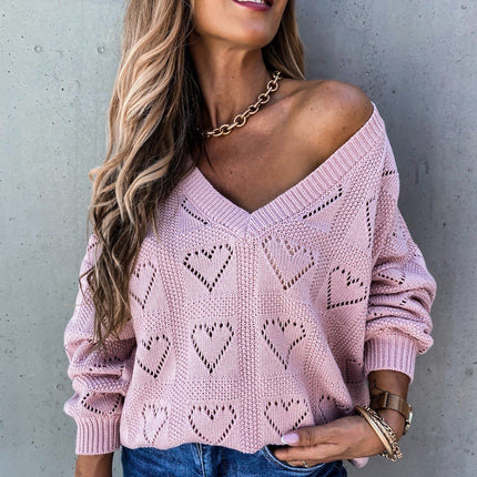 Women's V-neck Hollow Sweater Heart Hollow Knit Pullover Loose Plus Size Solid Color Knit Top