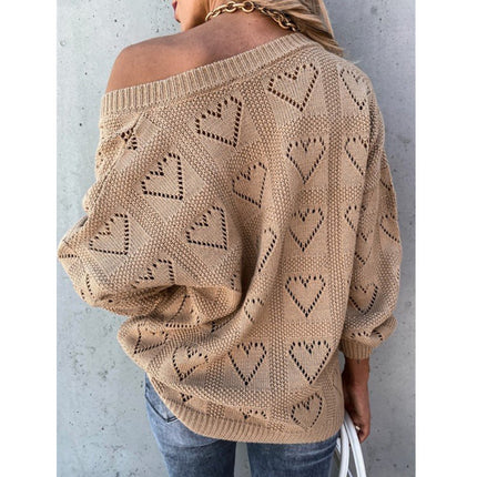 Women's V-neck Hollow Sweater Heart Hollow Knit Pullover Loose Plus Size Solid Color Knit Top