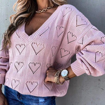 Women's V-neck Hollow Sweater Heart Hollow Knit Pullover Loose Plus Size Solid Color Knit Top