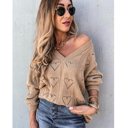 Women's V-neck Hollow Sweater Heart Hollow Knit Pullover Loose Plus Size Solid Color Knit Top