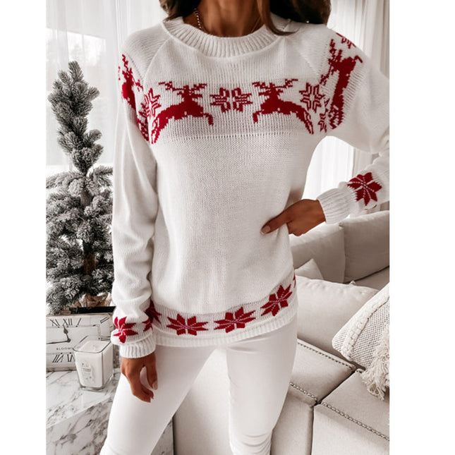 Winter Christmas Sweater, Elk Partial Jacquard Women's Knitted Sweater Long Sleeve Round Neck Casual Sweater Top