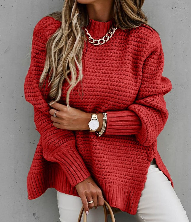 Women's Sweater Round Neck Side Split Long Sleeve Solid Color Half Turtleneck Solid Color Bundle Oversized Ribbed Knit Pullover Sweater Top